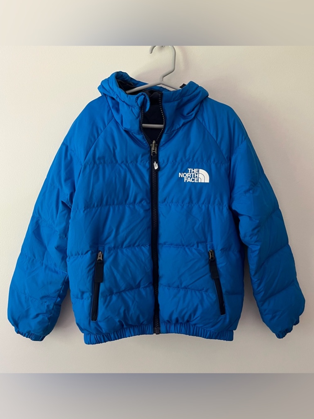 Boys The North Face Down Puffer Jacket XS Blue Lightweight Hooded
